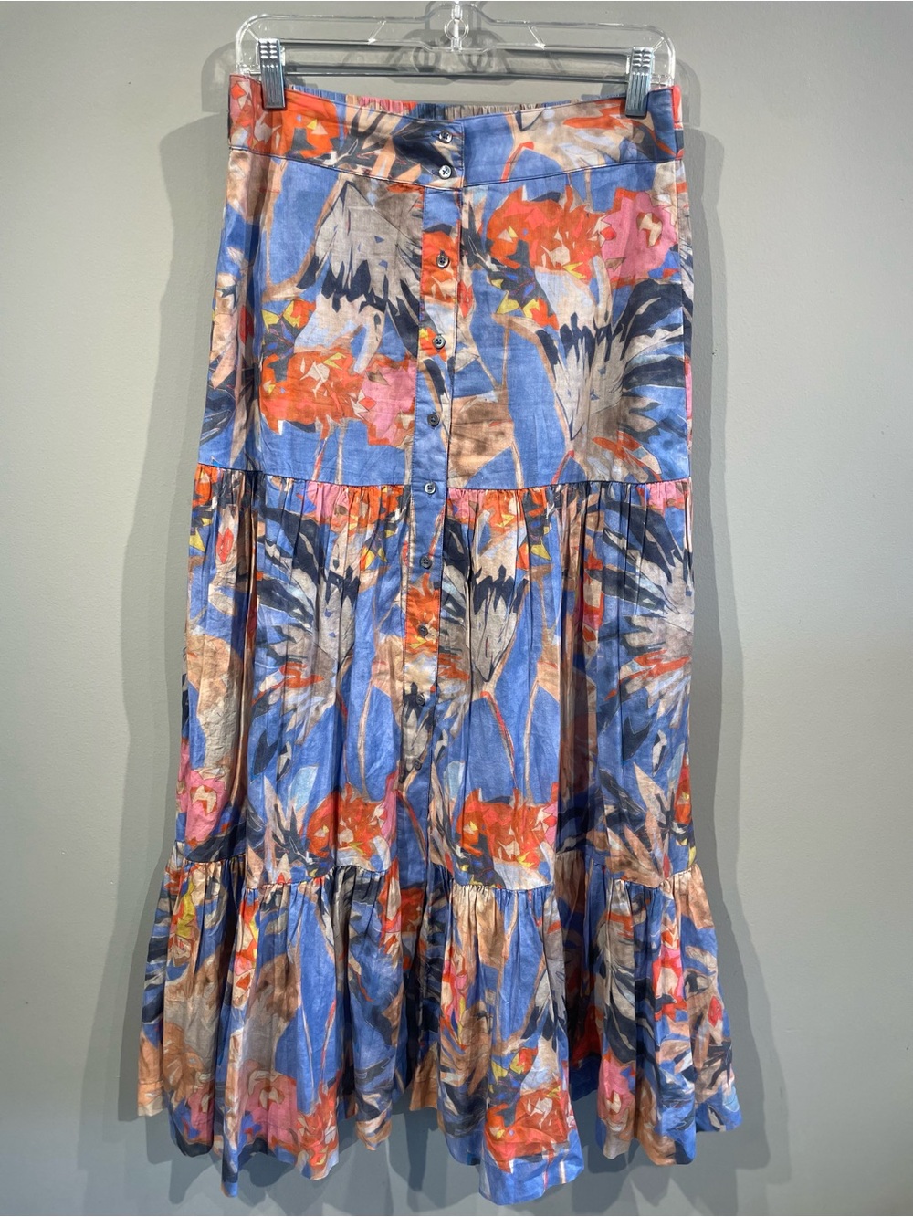 NIC+ZOE Blue Floral Tiered Button-Front Maxi Skirt with Coral Accents size M